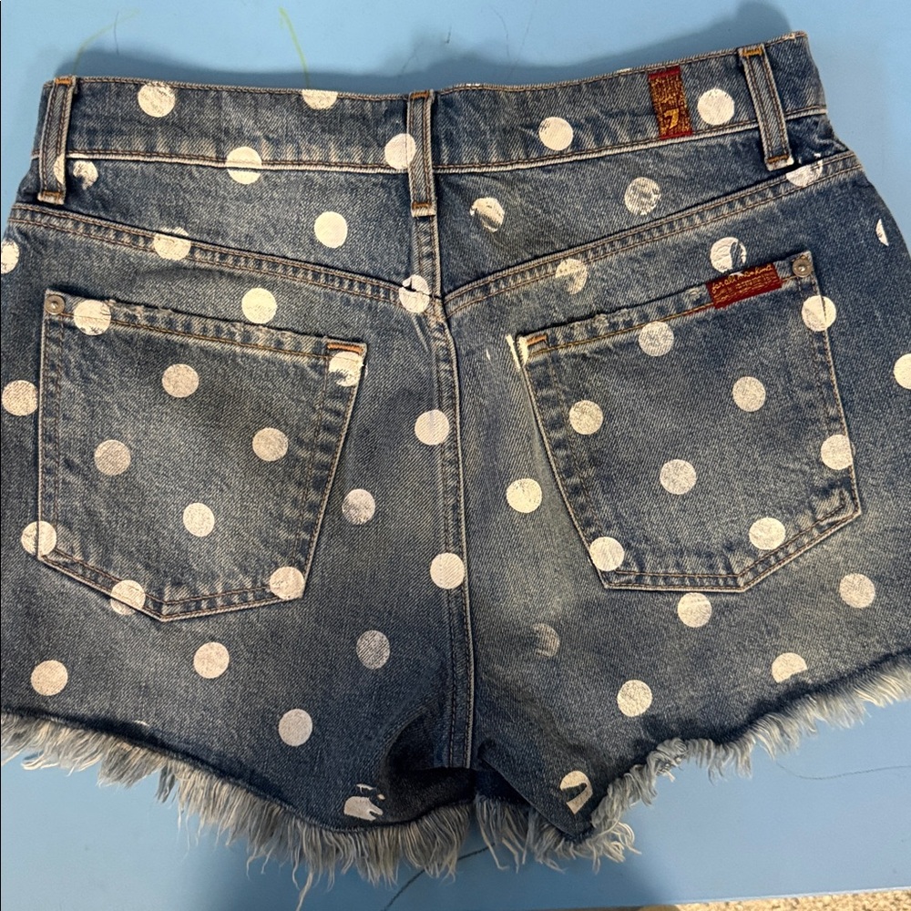 7 For All Mankind White Polka Dot Blue Denim Cutoff Shorts - Picture 4 of 4